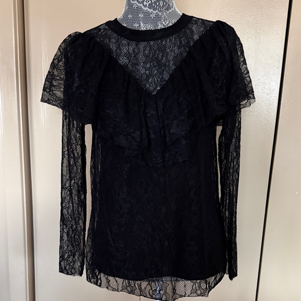 Kensie Black Sheer Lace Ruffle Long-Sleeve Blouse